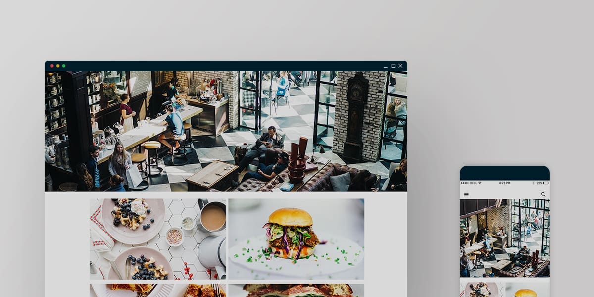 A website and mobile screen display a restaurant’s online menu with food photos and an image of people dining inside a modern, busy café with large windows and brick walls.