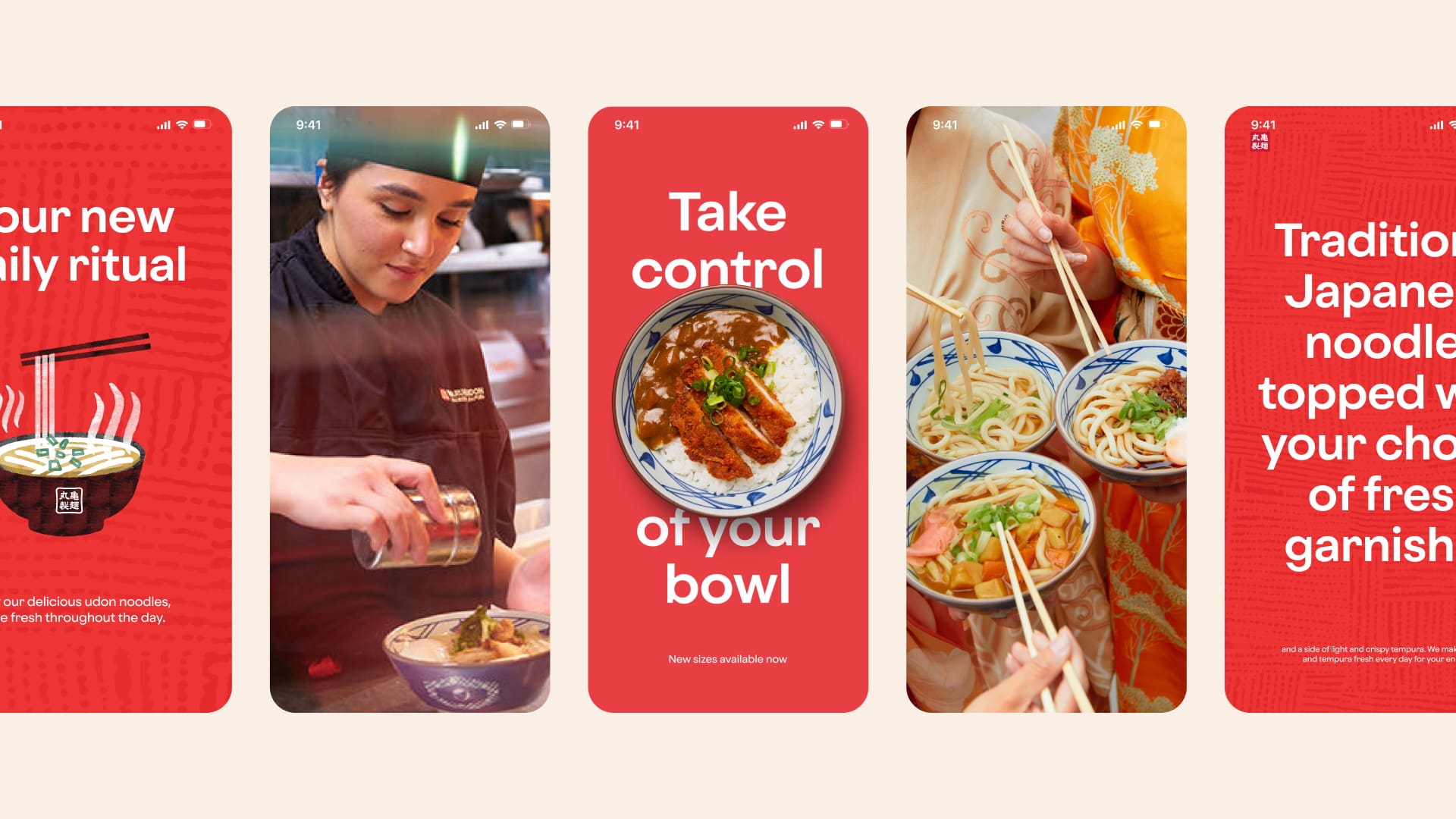 Five smartphone screens show Japanese udon noodles. Images include steaming bowls of noodles, a chef preparing a dish, and hands using chopsticks. Bold text highlights customization and fresh garnishes. Red and cream colors dominate the design.