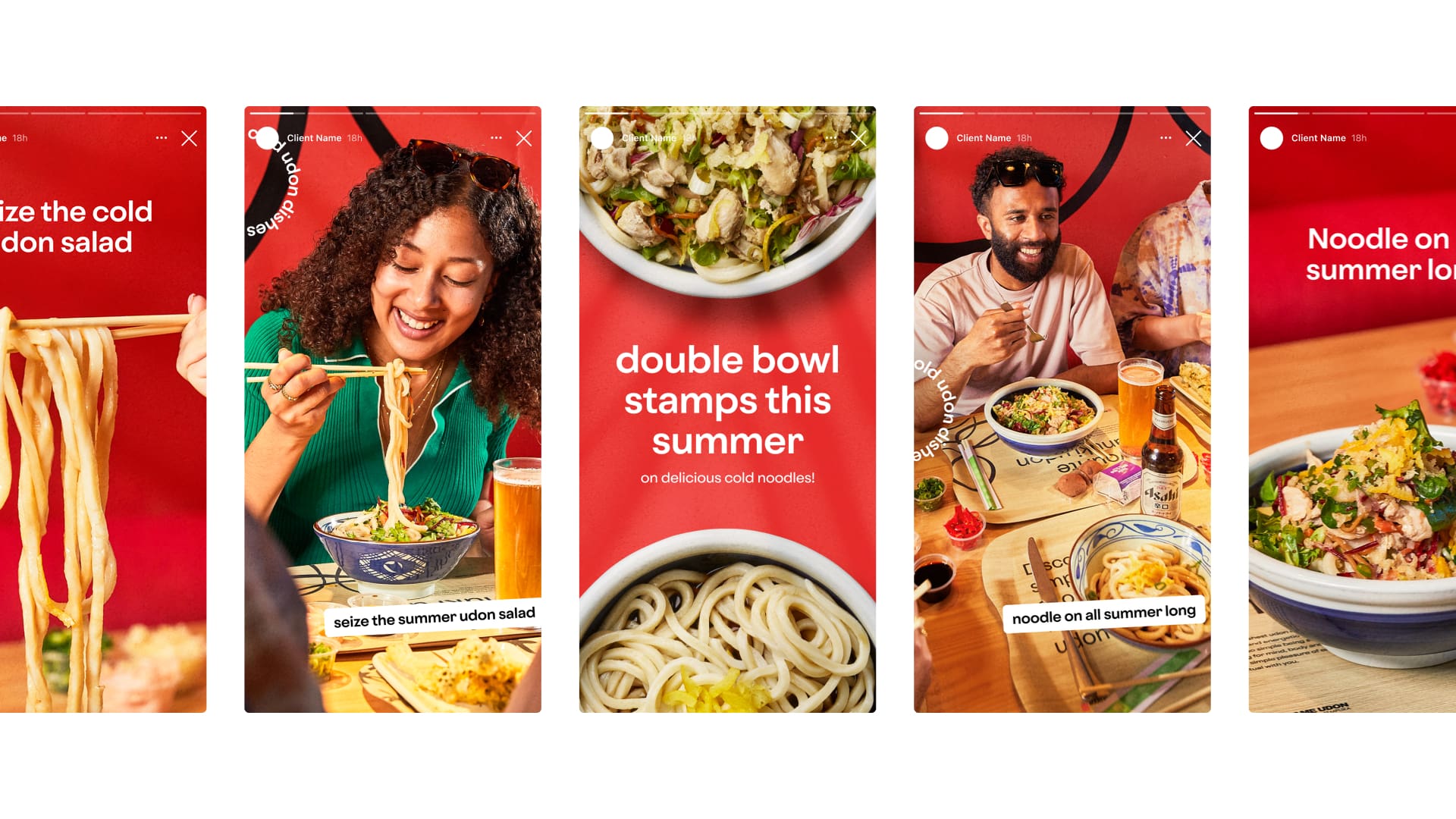 A series of five promotional images features people enjoying noodle dishes and text promoting cold udon salads and summer deals, with close-ups of food and cheerful diners in bright, inviting settings.