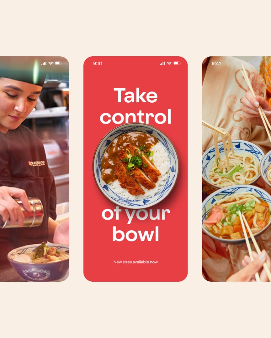 Three-panel image: left panel shows a chef preparing a bowl of ramen; center panel has the text "Take control of your bowl" with a bowl of rice and meat; right panel shows hands using chopsticks to eat noodle soup.