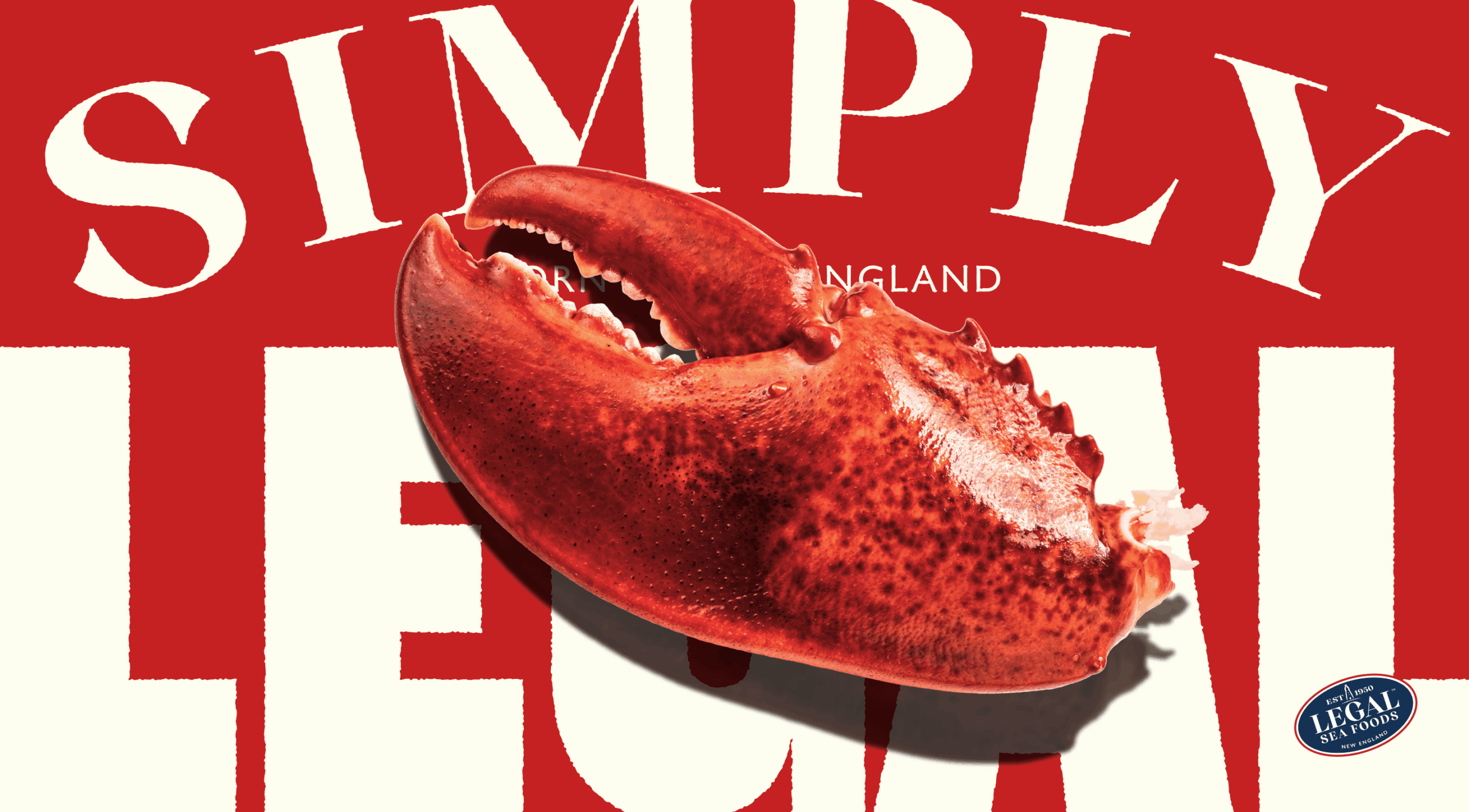 A large lobster claw sits on a bold red and white background with partially obscured text reading "SIMPLY LEGAL." A small blue oval label in the bottom right corner says "LEGAL" in white letters.