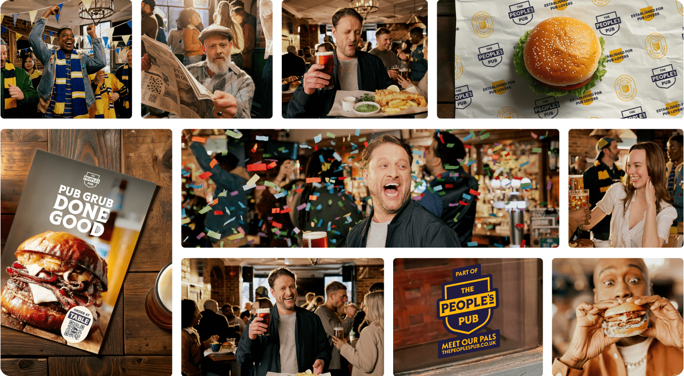 A collage of lively pub scenes with people eating burgers, drinking beer, socializing, cheering, and enjoying food. Includes close-ups of a burger, a menu, and a sign for The People’s Pub.