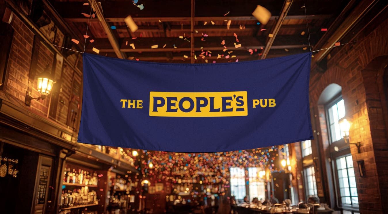 A blue banner reading "The People's Pub" hangs in a festive pub with confetti falling and colorful lights, surrounded by wooden decor and a stocked bar.