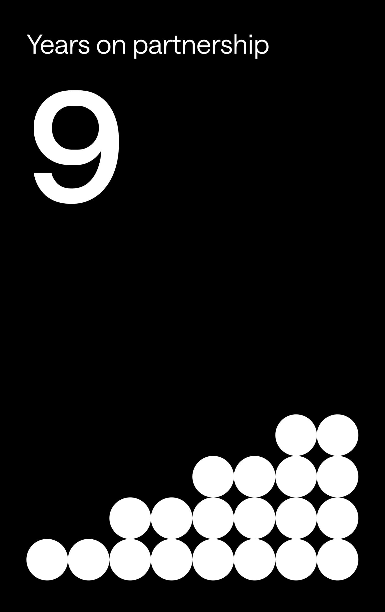 Black background with white text at the top reading "Years on partnership," a large number "9" below, and a cluster of 15 white circles arranged in a stepped pattern at the bottom.