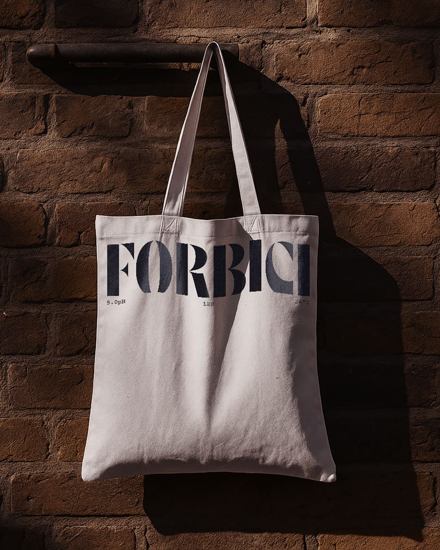 A beige tote bag with the word "FORBICI" printed in large black letters hangs on a textured brick wall, casting a shadow in the sunlight.
