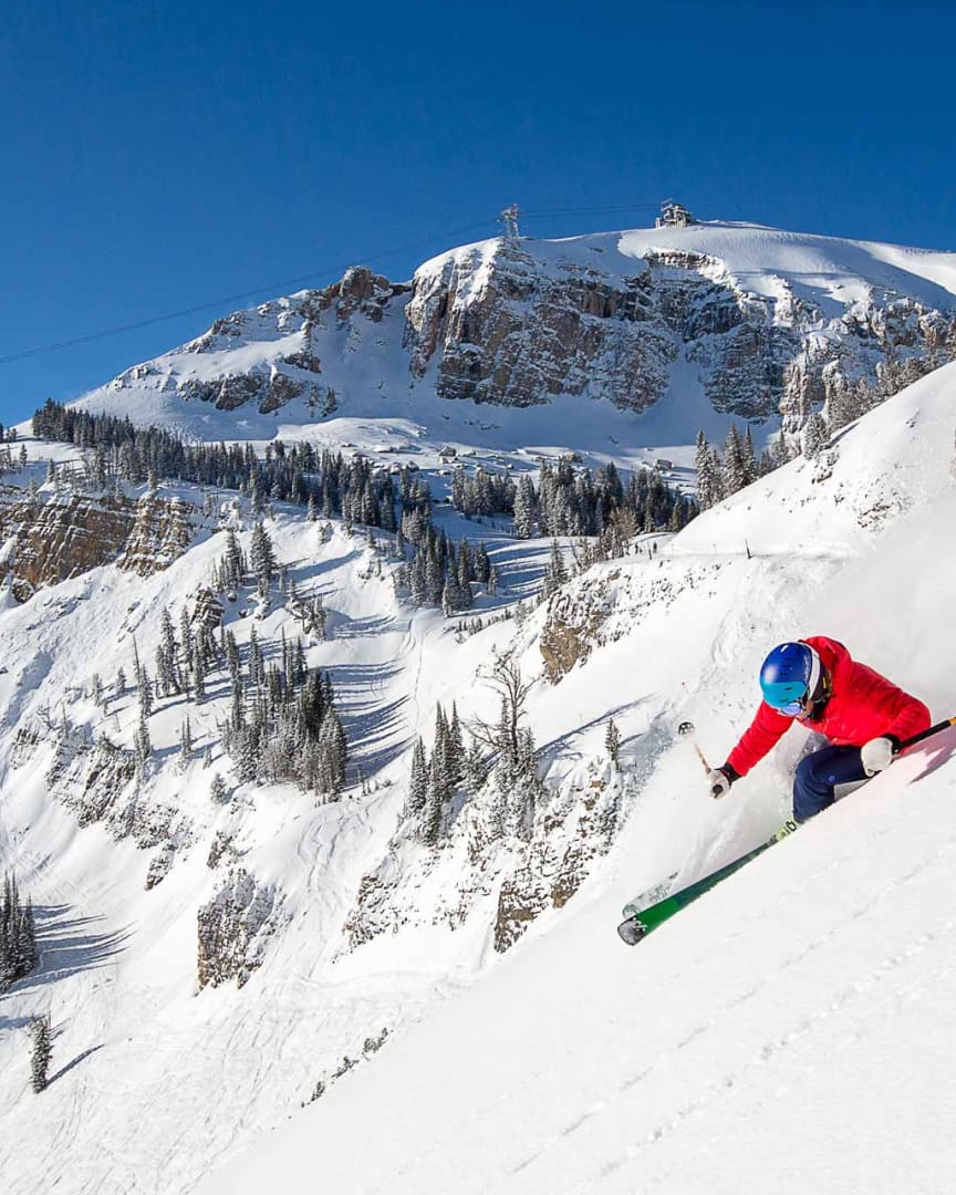 A skier in a red jacket and blue helmet skis down a steep, snowy mountain slope on a clear, sunny day, with rocky peaks and pine trees in the background.