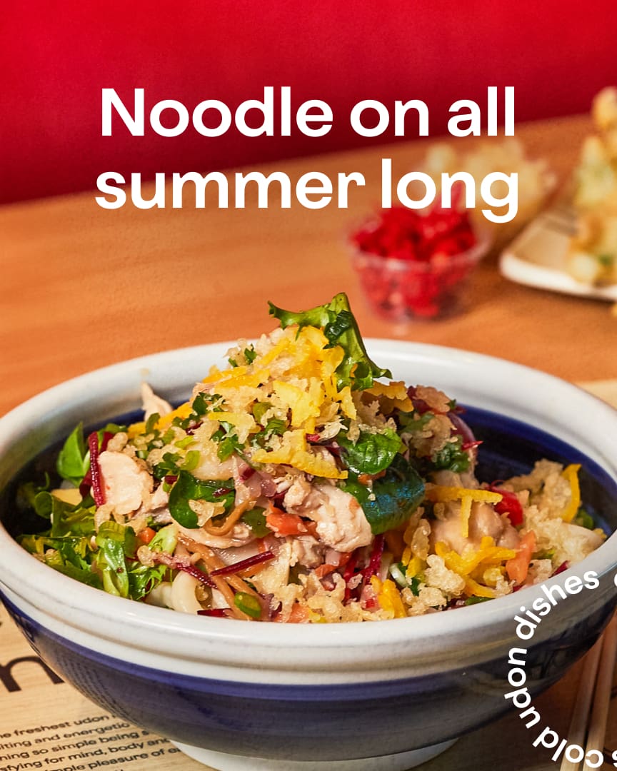 A bowl of colorful noodle salad with vegetables and crispy toppings sits on a wooden table. White text above reads, "Noodle on all summer long.