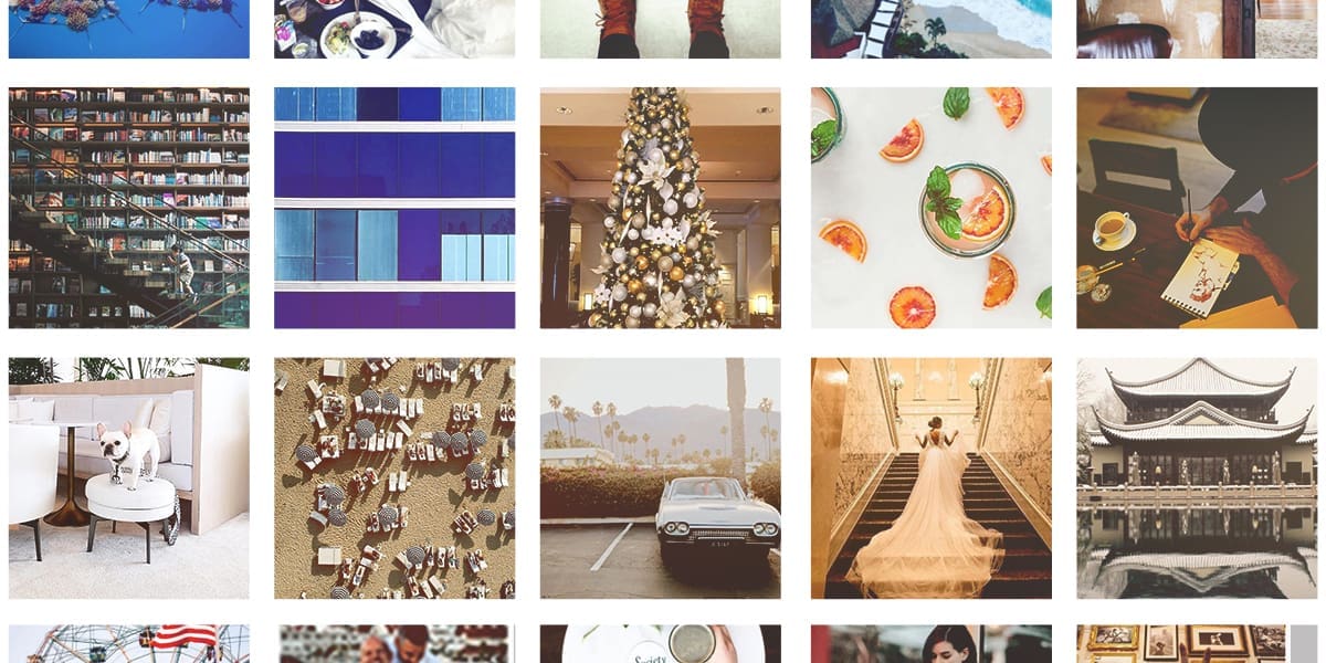 A collage of 20 square photos showing various scenes, including food, books, a library, a Christmas tree, people, a car, a wedding couple, and different buildings, arranged in a 4x5 grid.
